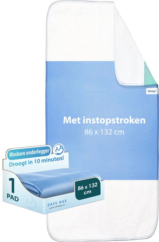 Wasbare onderlegger in lichtblauw met witte rand, 86 x 132 cm. Met instopstroken.