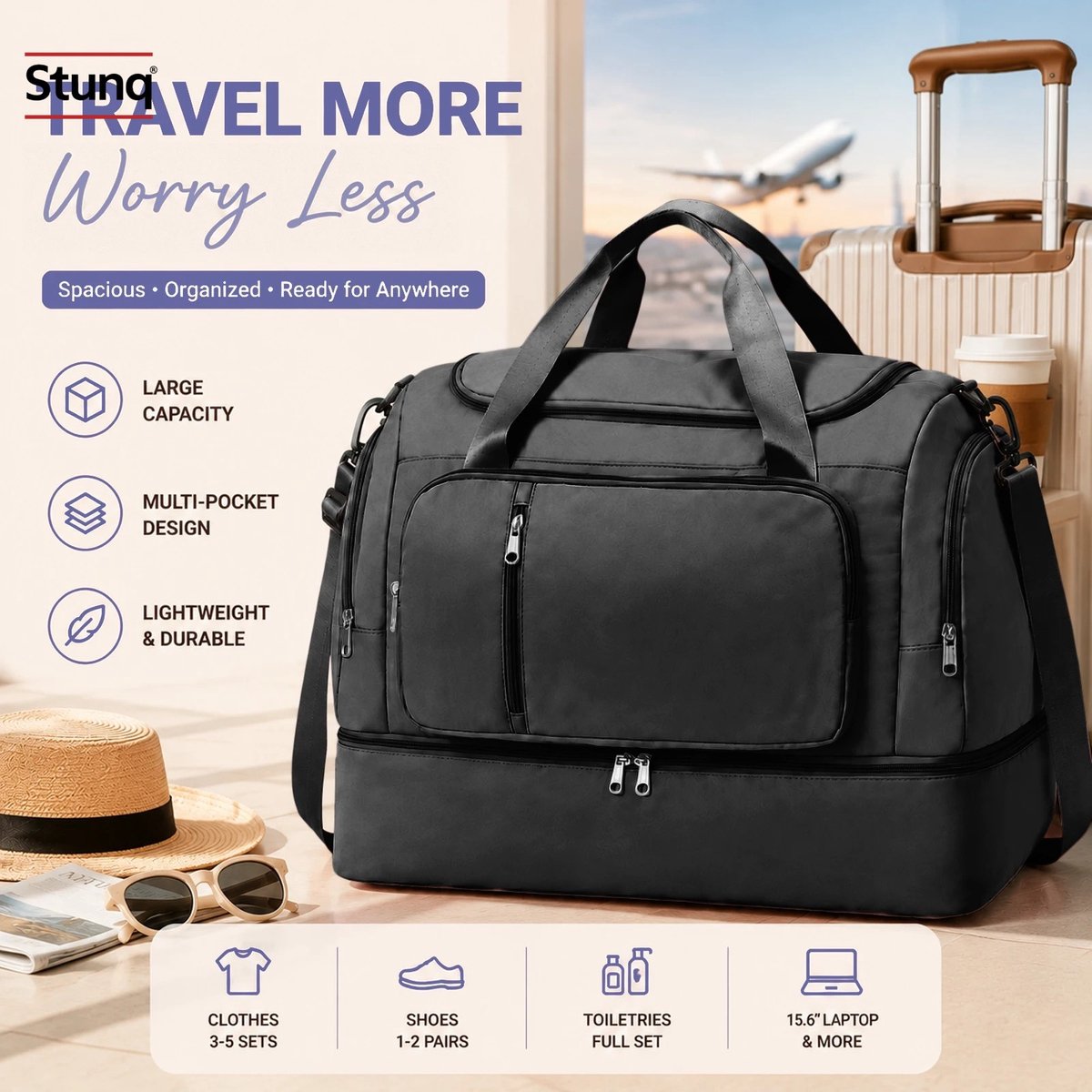 Stunq® Opvouwbare reistas 50L met schoenencompartiment - Zwart