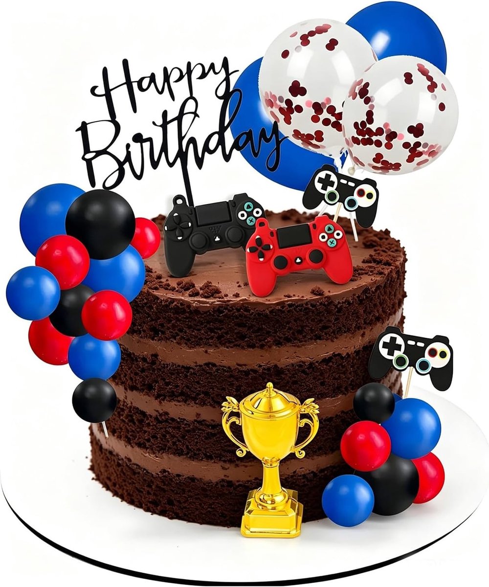 28 Stuks Verjaardagstaart Decoraties - Gamepad, Trofeeën, Ballon en Cupcake Toppers voor Videogame Thema Feestjes