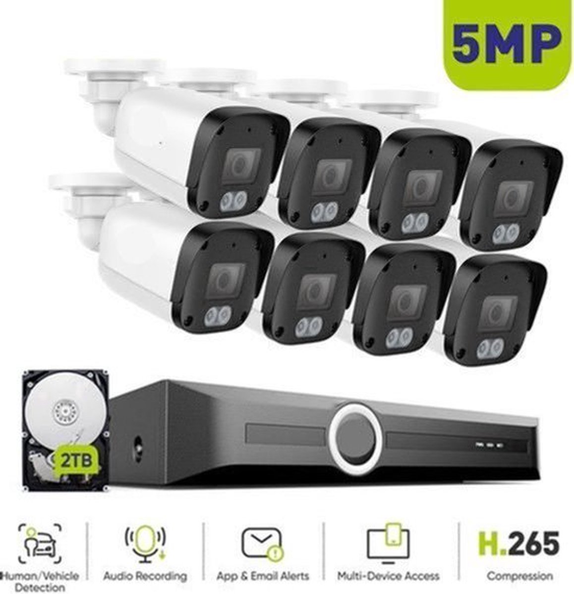 8-Kanaals Beveiligingsset – Beveiligingscamera Set – IP Camera Systeem – CCTV Camera Set – 5MP Beeldkwaliteit – Nachtvisie Tot 30 Meter – Weerbestendig IP67 - Ingebouwde HDD: Geen
