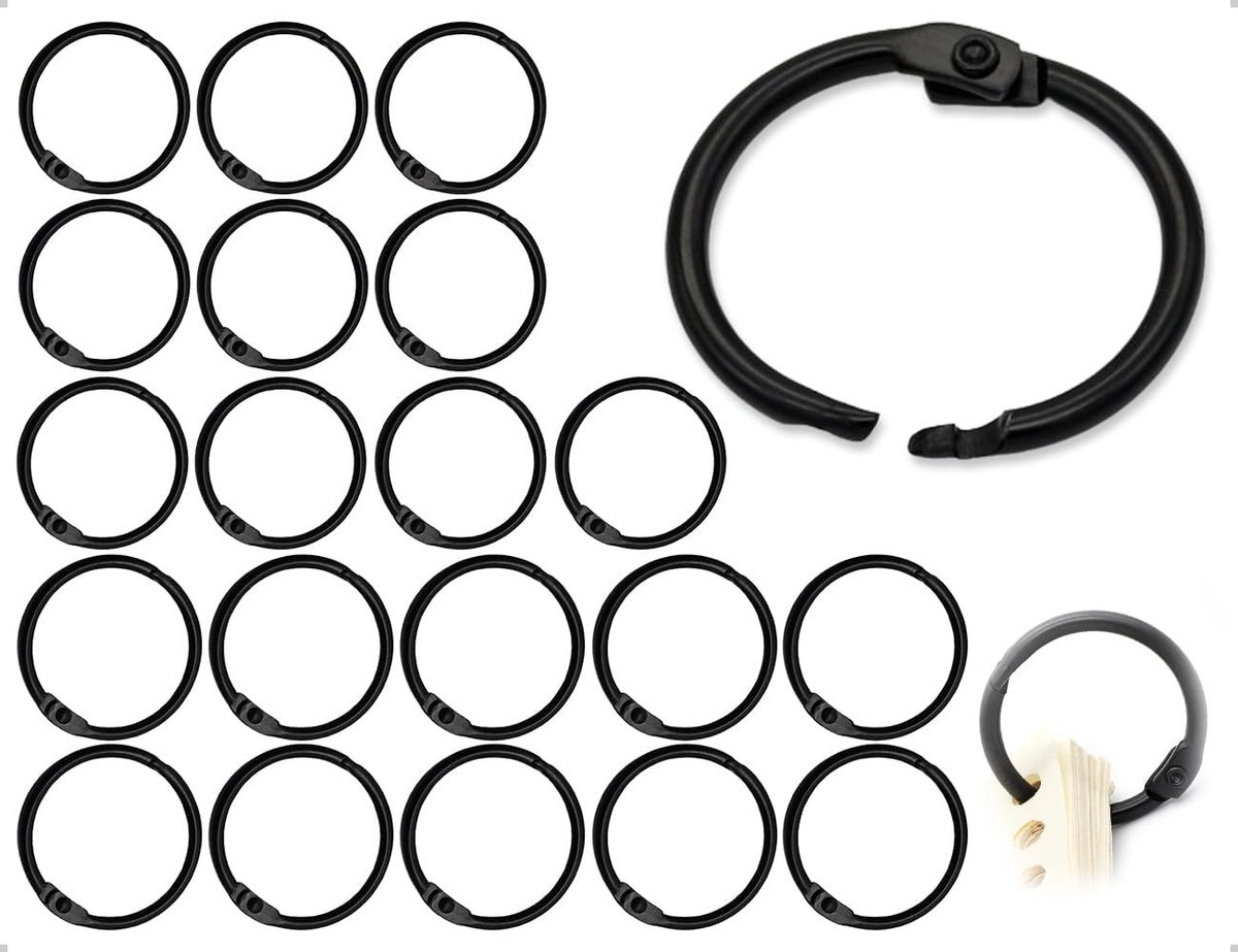 Set van 20 Boekringen voor het Binden van Bladen, Indexkaarten en Documenten, Metalen Bindingringen in Zwart van 20mm en 25mm