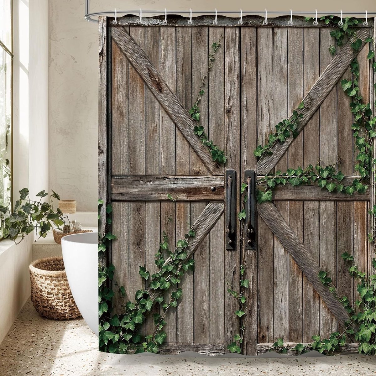 Vintage Douchegordijn met Rustieke Deur en Groene Bladeren, Waterdicht en Schimmelbestendig, 180x180cm, Inclusief 12 Haakjes voor Badkamerdecoratie