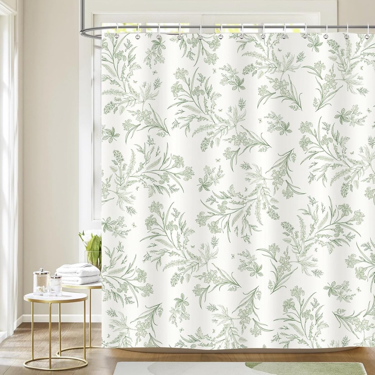 Groene Bloemen Douchgordijn met Botanische Bladeren, Waterdicht en Schimmelbestendig, 180x180cm, Inclusief 12 Haakjes voor Badkamerdecoratie