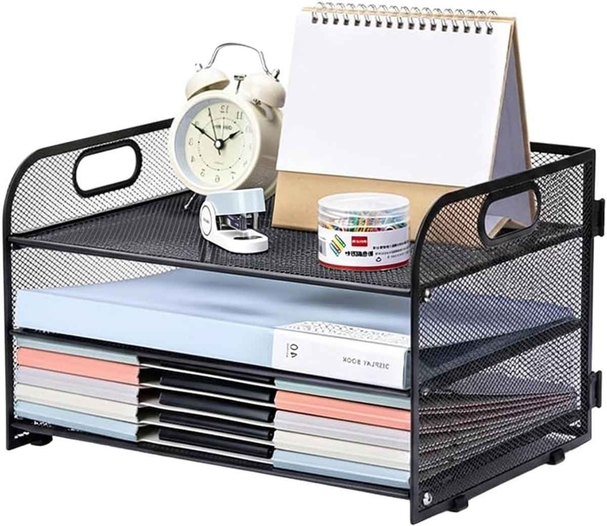 Stapelsysteem voor A4-papier met 3 vakken, mesh ontwerp, bureau-organizer en documentenhouder, zwart