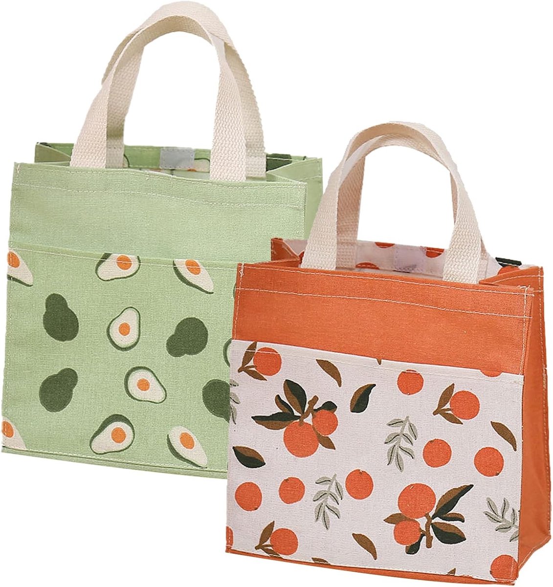 Herbruikbare stoffen boodschappentassen met handvatten, 2 stuks, ideaal voor school, kantoor en reizen (Groen+Oranje, 22 * 22cm)