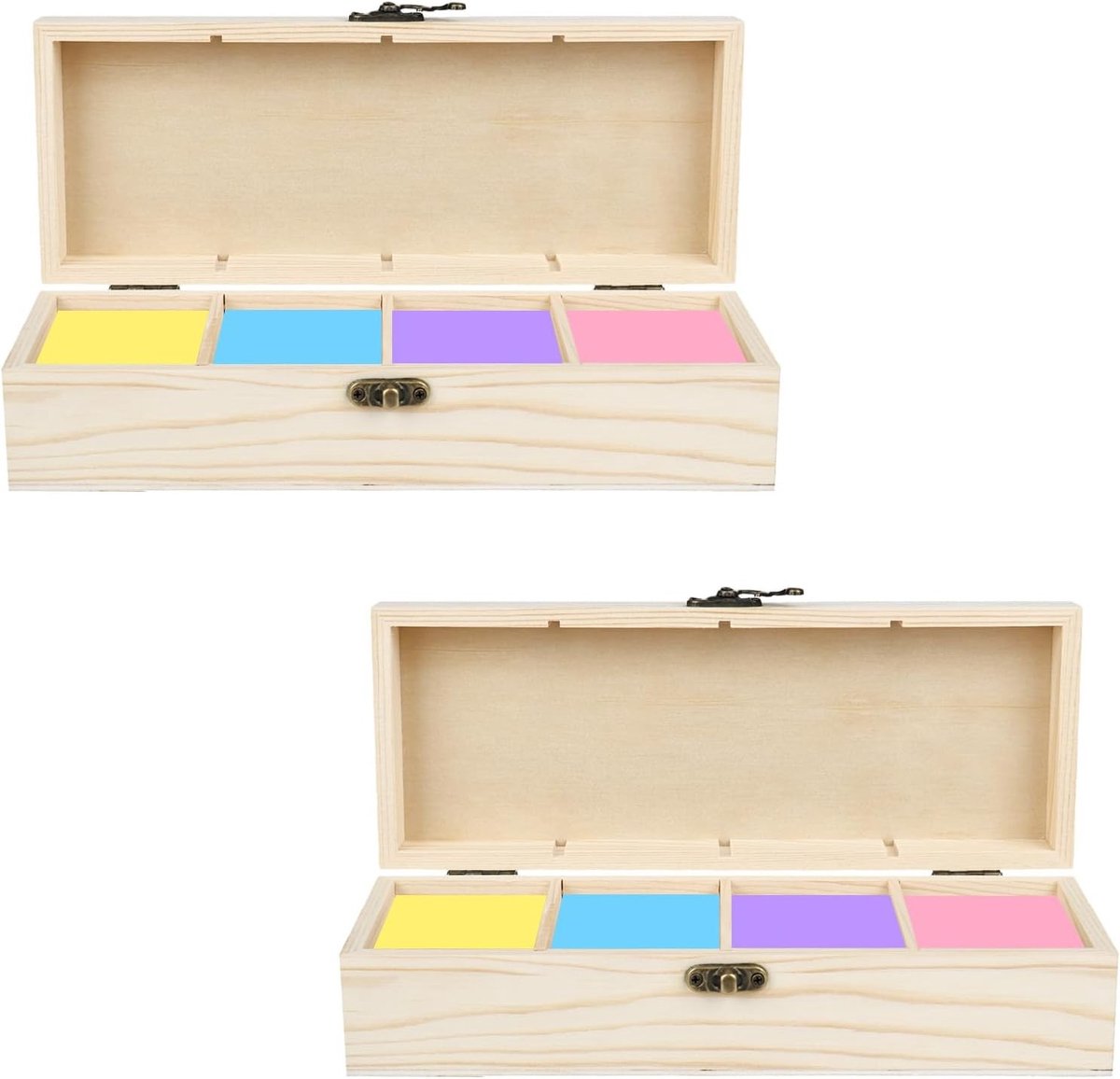 Set van 2 Houten Kaartendozen, 25 x 9,5 x 6,5 cm, A8 Woordenschatdoos met Deksel, 4 Compartimenten, Organiser voor Kantoor, School en Thuisgebruik