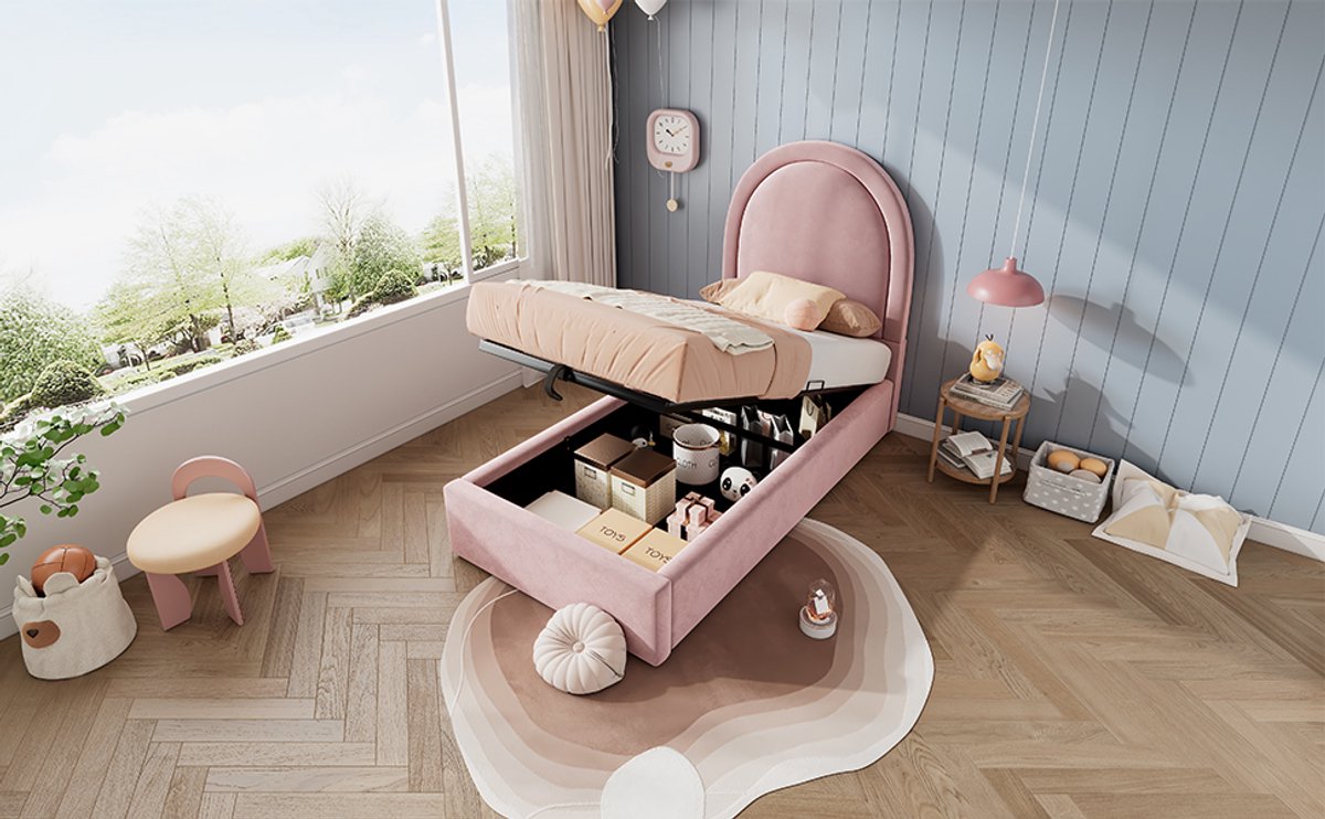 WUVRIE Gestoffeerd bed 90x190 cm met opbergruimte, fluwelen kinderbed in roze