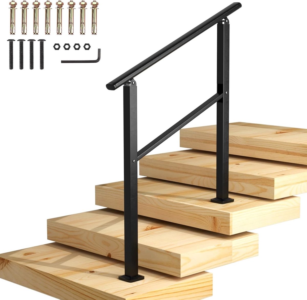 Stalen Trapleuning 90 x 90 cm, Zwart Matte Handrail voor Buiten, Geschikt voor 2 tot 3 Treden, Inclusief Installatiekit, Veiligheid, Tuin, Garage, Veranda