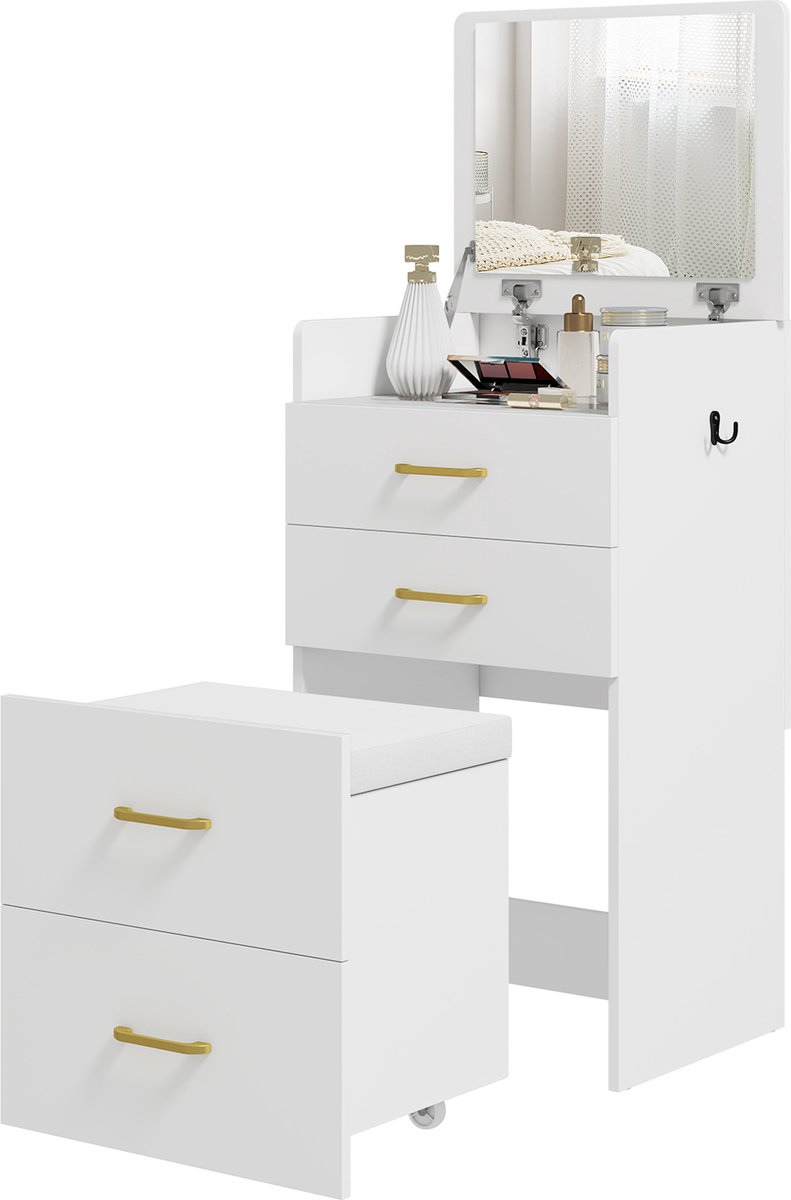 3-in-1 kaptafel met opklapbare spiegel - kaptafel met glazen paneel - 4 lades - opbergkruk met 3 universele wieltjes - kaptafel voor de slaapkamer - wit