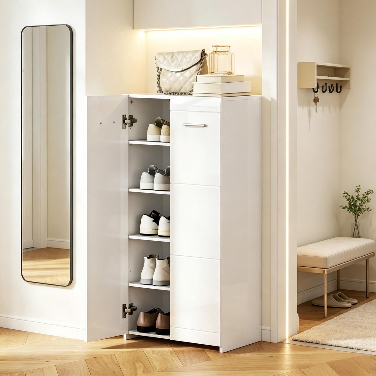 REDOM - Schoenenkast - Voor 10 paar schoenen - 2 verstelbare legplanken - Hoogglans afwerking - Hal, woonkamer of kantoor - Spaanplaat - Wit - 55 x 36 x 108 cm