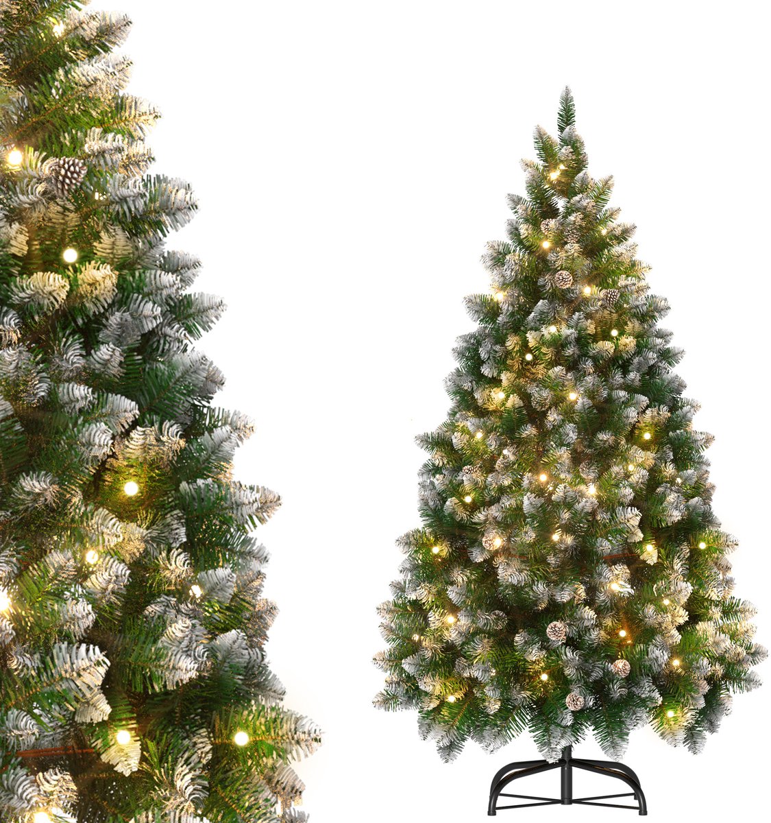 Kunstkerstboom 210 cm met LED Verlichting - Brandvertragend PVC - met Sneeuw en Dennenappels - Metalen Voet - Kerstdecoratie voor Huis en Etalage - NAIZY
