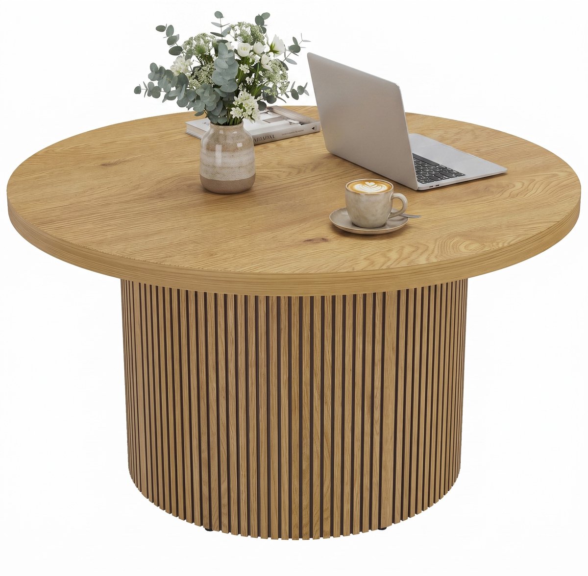 Moderne ronde salontafel - met een onderstel met groeven - 80x80x45 cm - natuurlijk houteffect