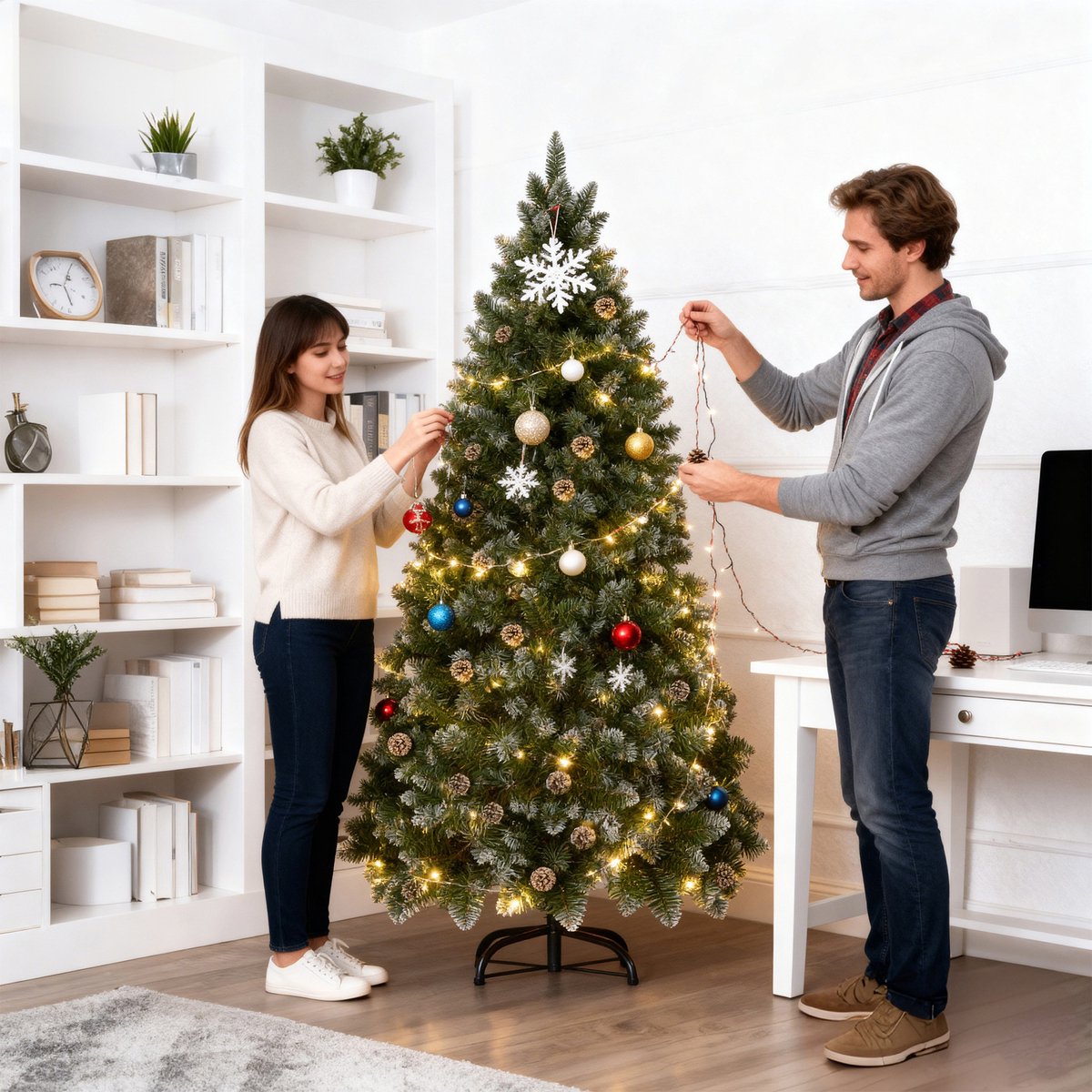 Kunstkerstboom 210 cm met LED Verlichting - Brandvertragend PVC - met Sneeuw en Dennenappels - Metalen Voet - Kerstdecoratie voor Huis en Etalage - NAIZY – foto 6