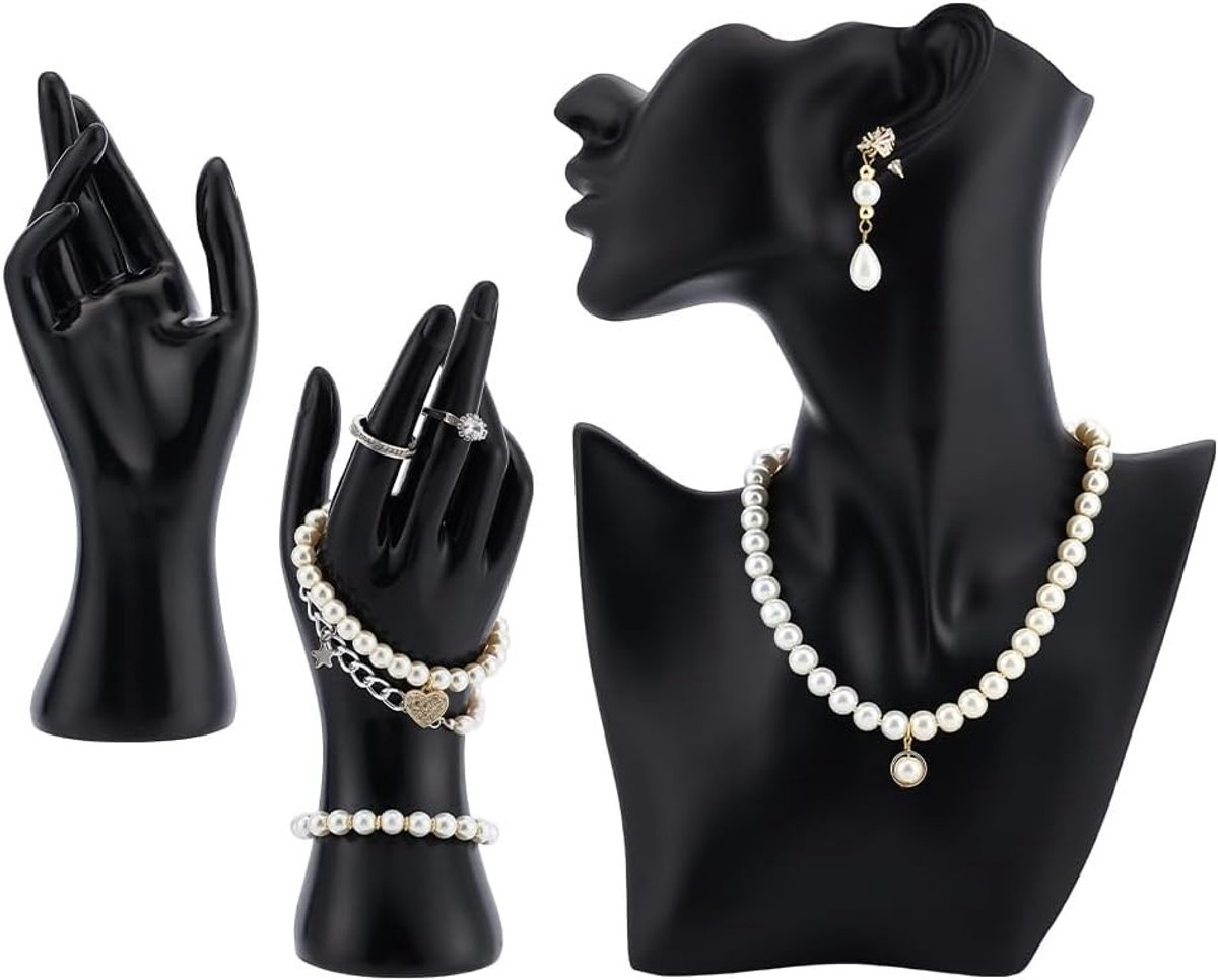 3-delige Sieraden Display Set met Mannequin en Bust Model voor Kettingen, Armbanden en Ringen van Zwart Hars