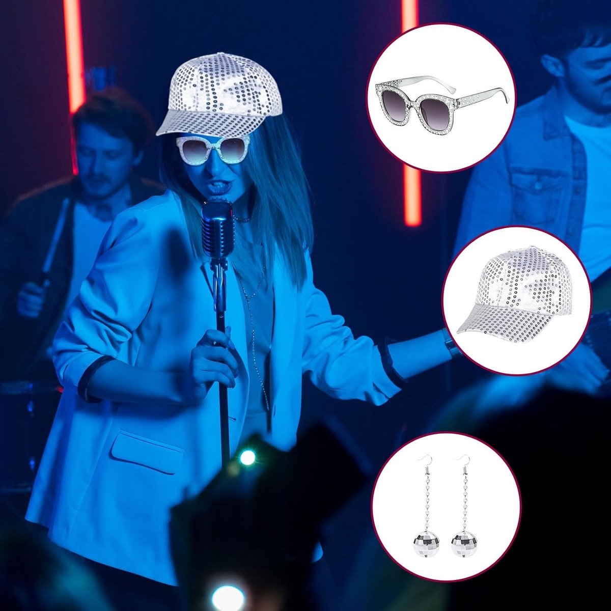 70s Disco Kostuum Set met Zilveren Hoed, Zonnebril en Oorbellen - Perfect voor Feestjes en Themadansen