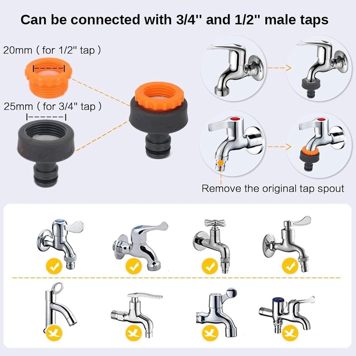 Hose Connector Set van 8 Stukken voor Tuinslangen, Compatibel met Gardena Systeem, 1/2 en 3/4 Inch Adapter en Koppeling voor Tuinonderhoud in Oranje – foto 3