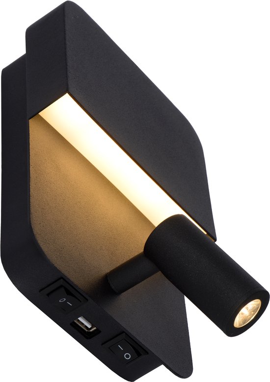 Zwarte wandlamp met gouden accent en verstelbare spot. Met aan/uit schakelaars en USB-poort.