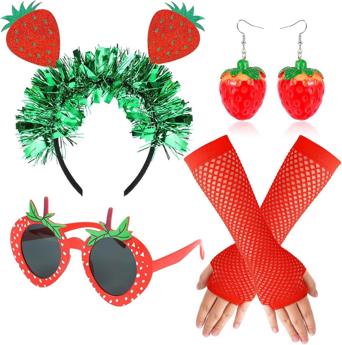 Aardbei Kostuum voor Vrouwen met Haarband, Accessoires, Bril, Oorbellen en Handschoenen voor Halloween en Carnaval