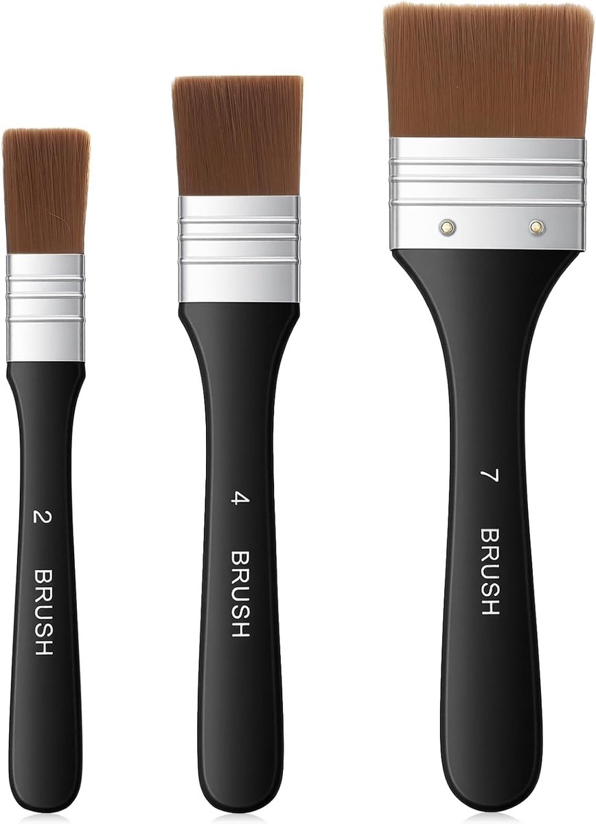 Set van 3 grote platte acrylkwasten met brede nylon haren voor schilderen en kunstprojecten