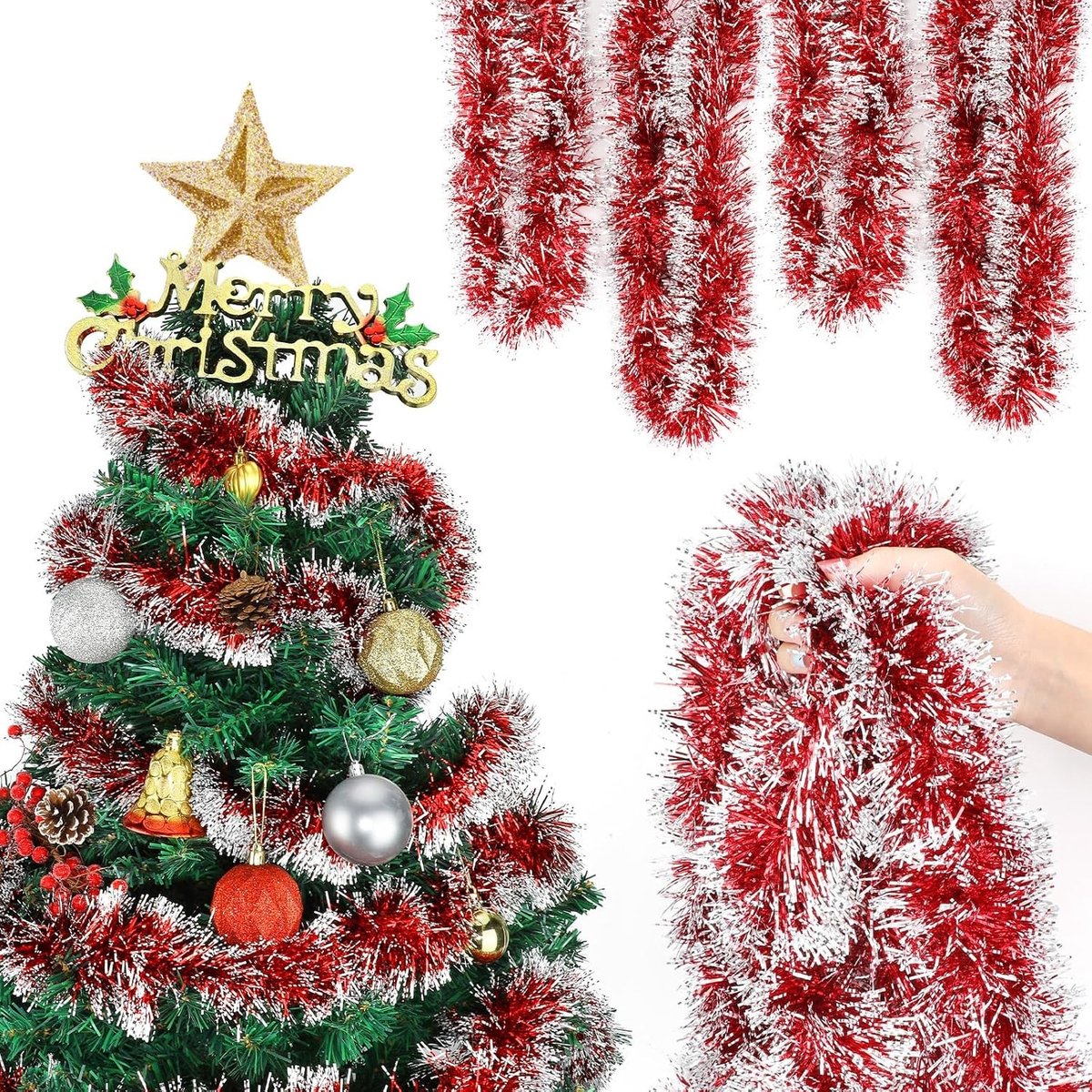 6 Stuks 12 Meter Rode Kerst Tinsel Guirlande voor Kerstboom en Huisdecoratie, Perfecte Versiering voor de Feestdagen