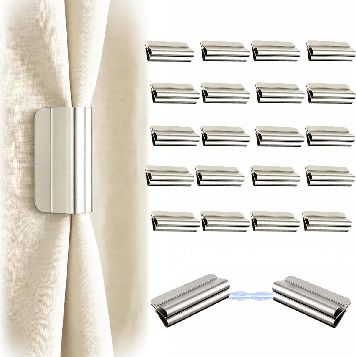 Magnetische gordijnclips, boren niet nodig, afneembare magnetische sluiting, geschikt voor slaapkamer-, kantoor- en douchegordijnen. 20 stuks per verpakking.