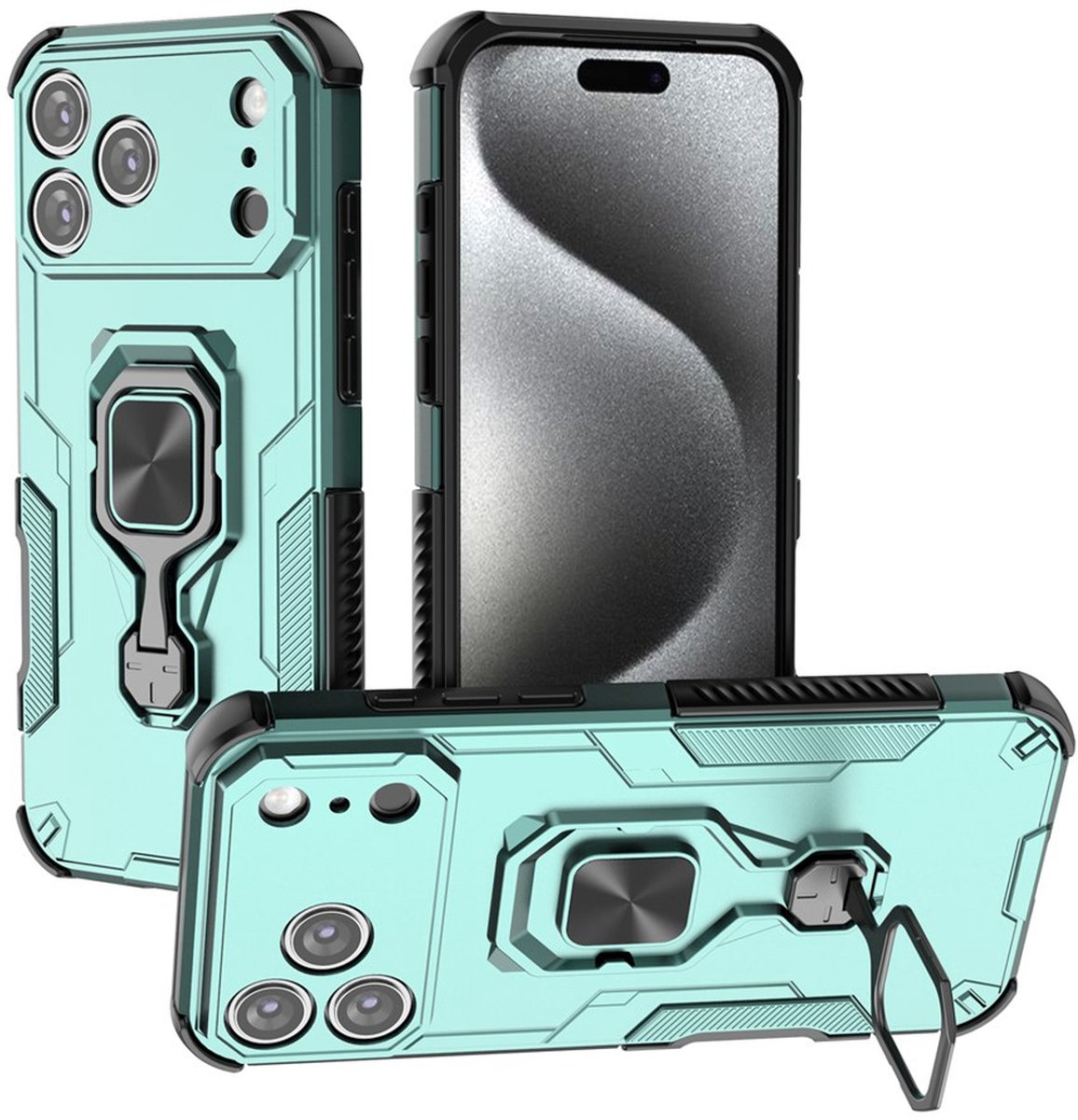 MobyDefend Hoesje - Geschikt voor iPhone 18 Pro Max - Dubbelgelaagde Pantsercase Met Standaard - Turquoise