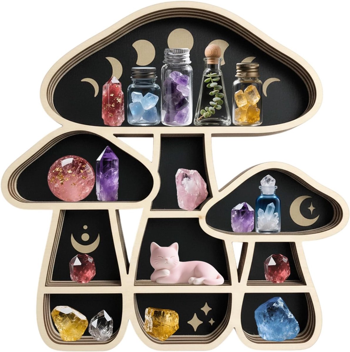 Natuurlijke Houten Paddenstoel Vitrine Plank 30cm x 30cm x 3.5cm - Wanddecoratie voor Kristallen, Edelstenen en Sieraden in Boho en Moderne Stijl