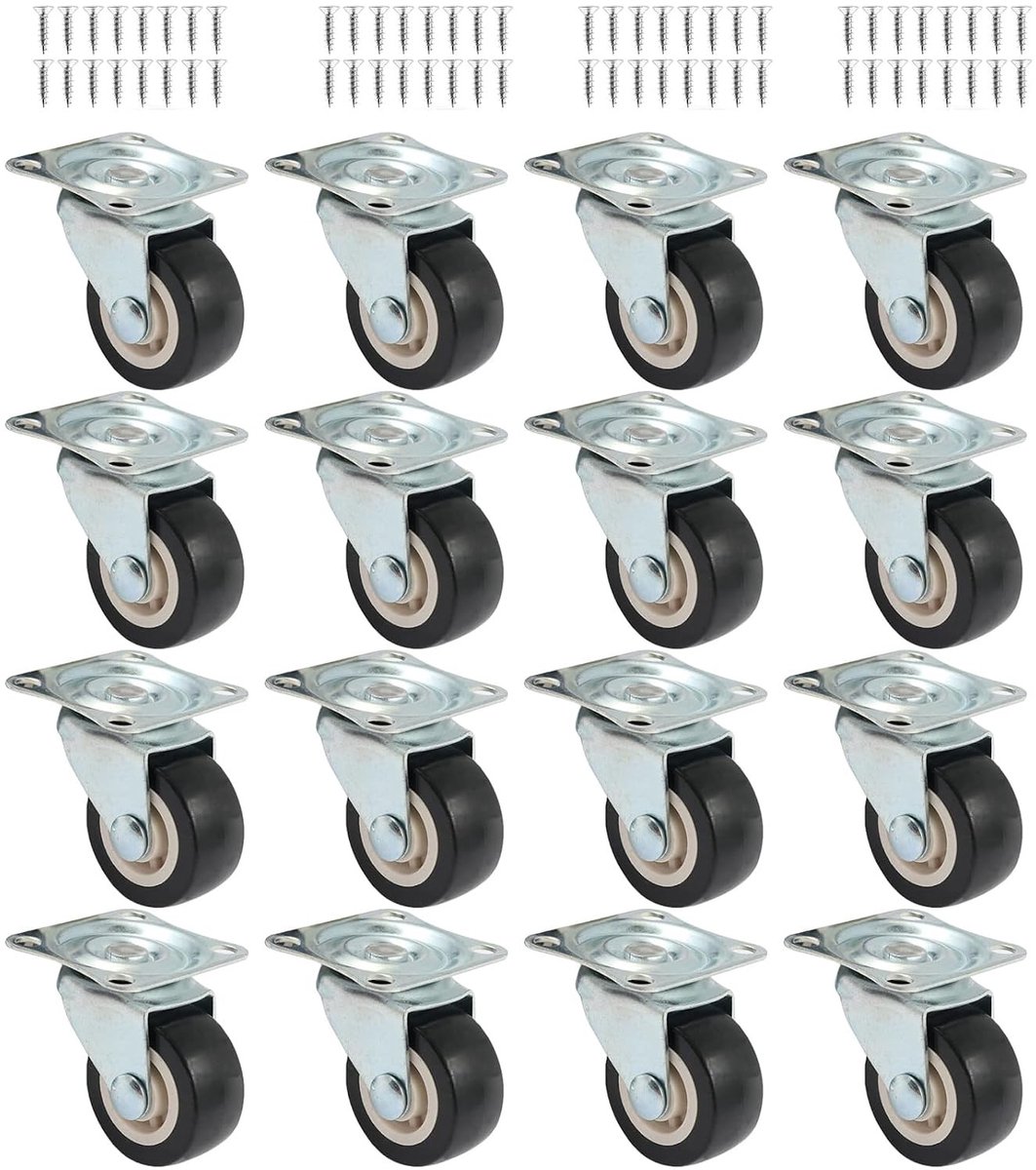 16-delige set meubelwielen, 25 mm, zwenkwielen tot 8 kg, rubberen transportwielen met montage-schroeven, ideaal voor meubels en apparaten
