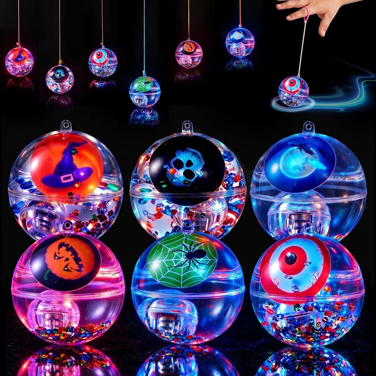 Set van 6 LED Springballen voor Halloween met Elastische Polsband, Leuke Speelgoedontwerpen voor Kinderen, Perfect voor Halloween Feestjes en Cadeauzakken