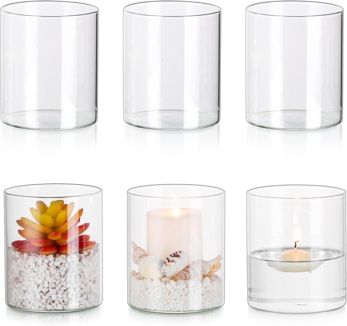 Set van 6 Hurricane Glazen Kaarsenhouders, Cilinder Drijvende Kaarsenhouders voor Pijlerkaarsen, Decoratieve Vazen voor Bloemen en Tafelversiering voor Bruiloften