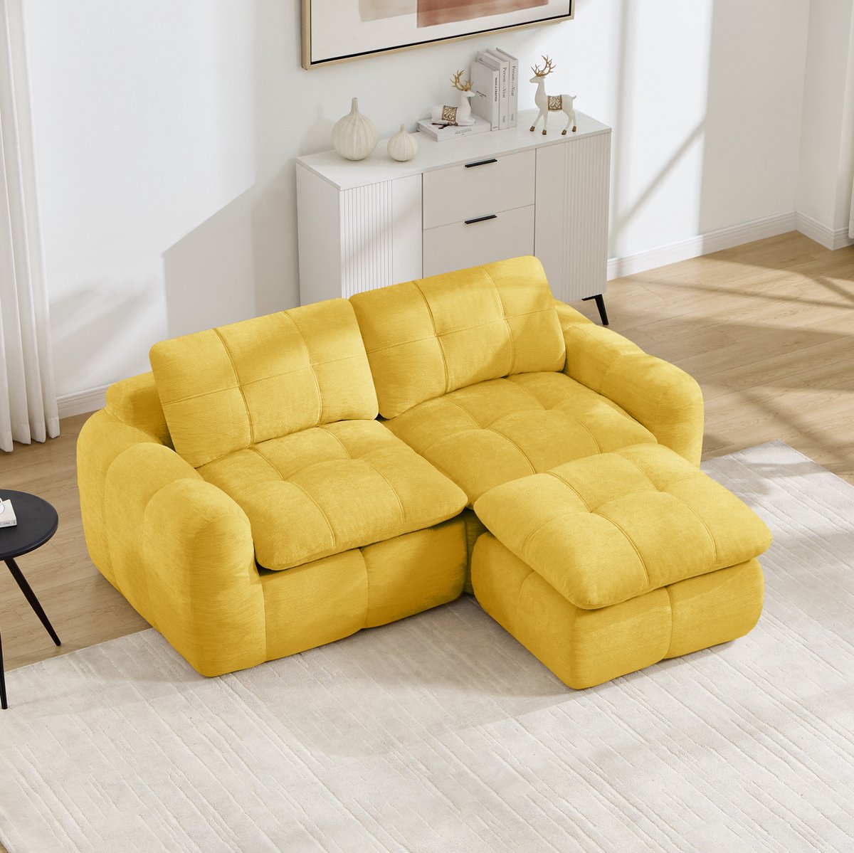 Wishdor Hoekbank - 2 zitplekken modulair - Zonder montage - Chenille met ottoman - Woonkamer appartement lounge rusthoek - Geel - 194 x 160 x 68 cm