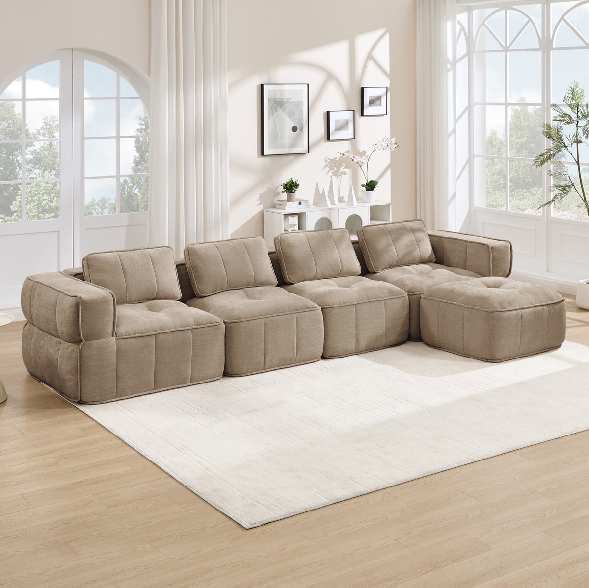 Wishdor Hoekbank - 4-zits modulair - Frameloos met hocker en brede armleuningen - Diepe zitting en zacht polyester - Woonkamer - Sand - 344 x 162 x 67 cm