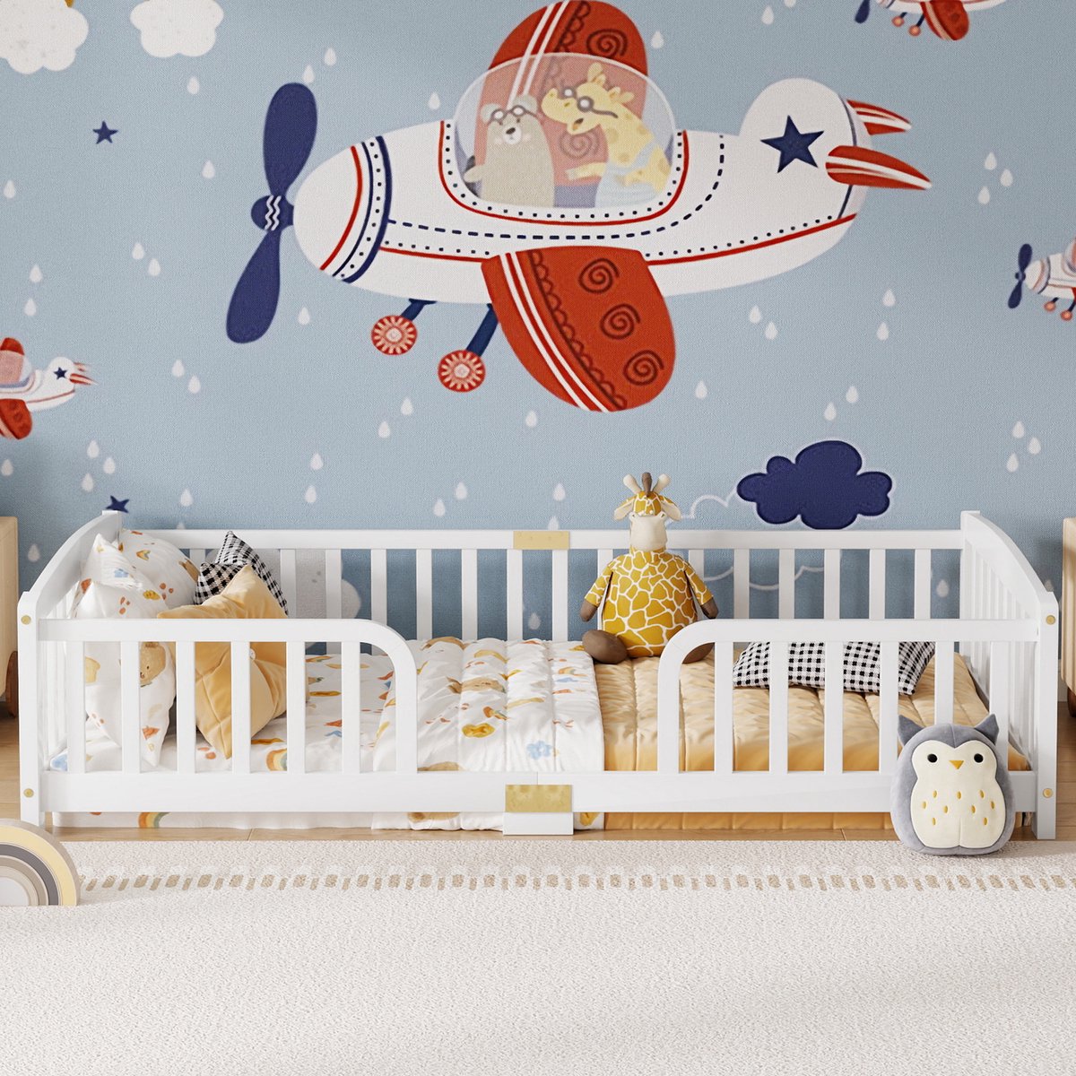 WUVRIE Kinder vloerbed 90x200 cm met veiligheidshekje en centrale opening, wit