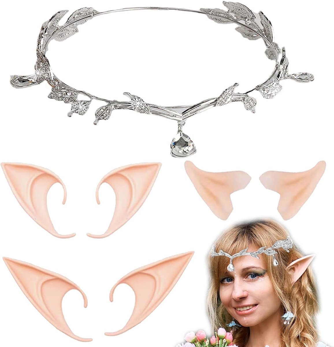 4-delige Tiara en Elfachtige Oren Set, Latex Oren voor Anime Feest, Vampier Kostuum en Cosplay Accessoires voor Volwassenen, Halloween en Carnaval