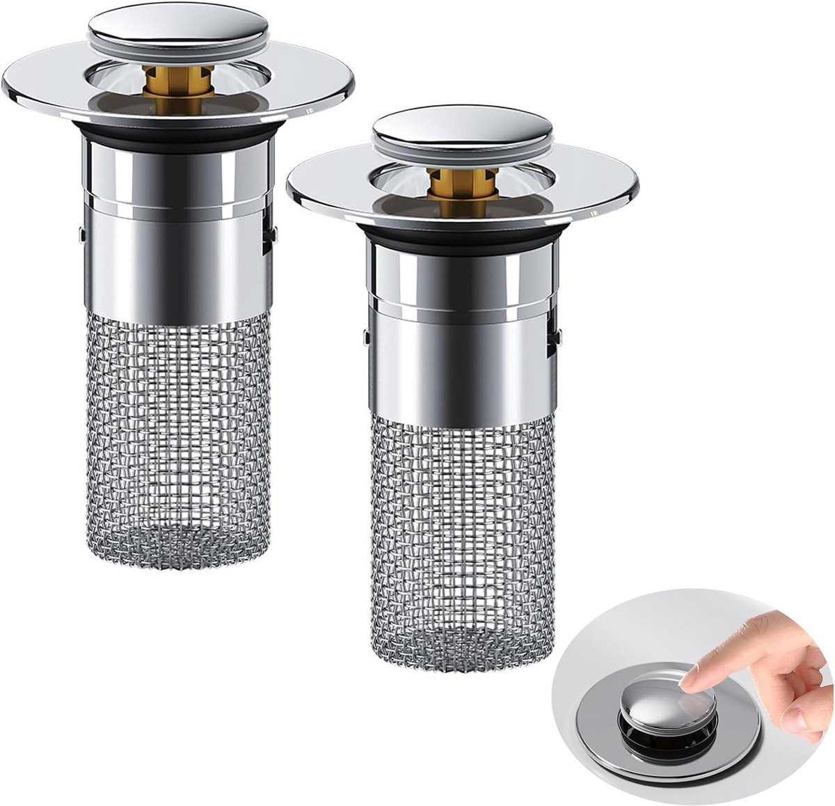Set van 2 Afvoerstoppen met Zeef - Universele Pop-Up Afvoerstopper voor 34-40 mm Afvoer, Inclusief Haarzeef en Afvoerstop voor Gootsteen