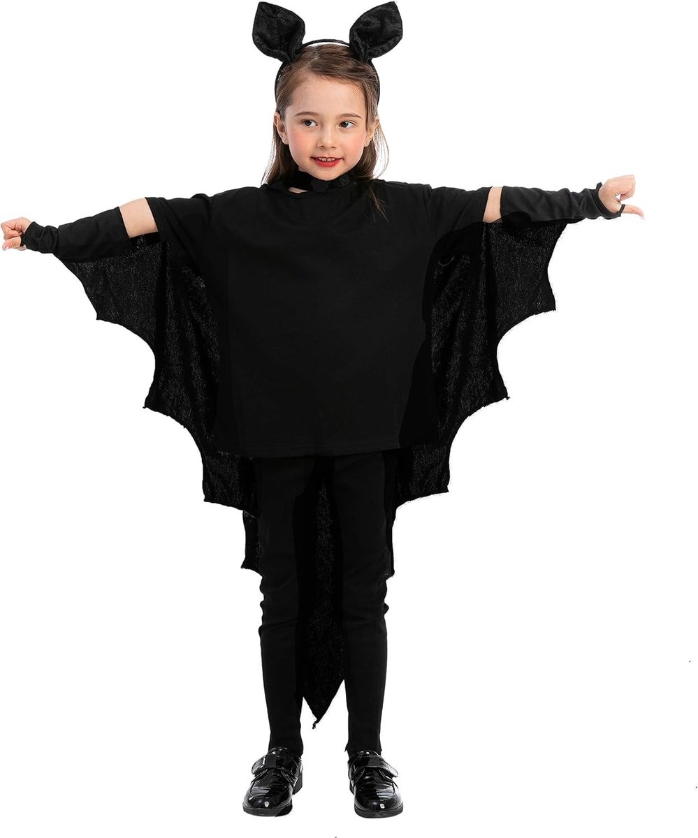 Kinderen Vleermuis Kostuum met Vleugels, Cape en Haarclips voor Halloween en Carnaval (3-6 Jaar)