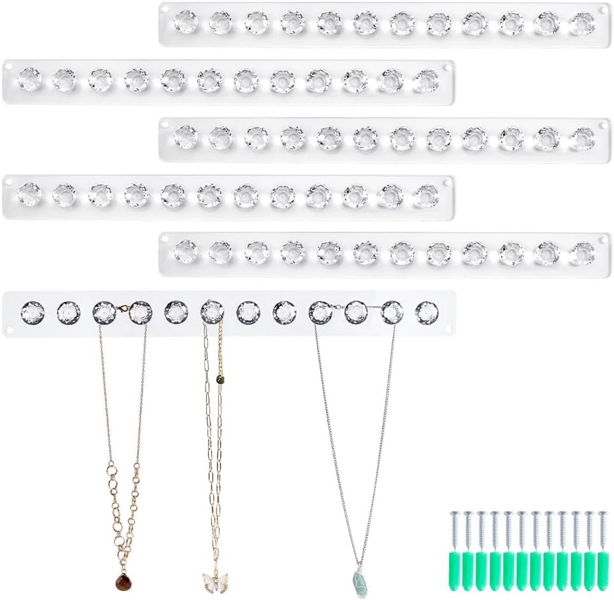 6 Stuks Acryl Sieradenhouders met 12 Haken, Wandmontage, Transparante Organizer voor Kettingen, Oorbellen en Armbanden