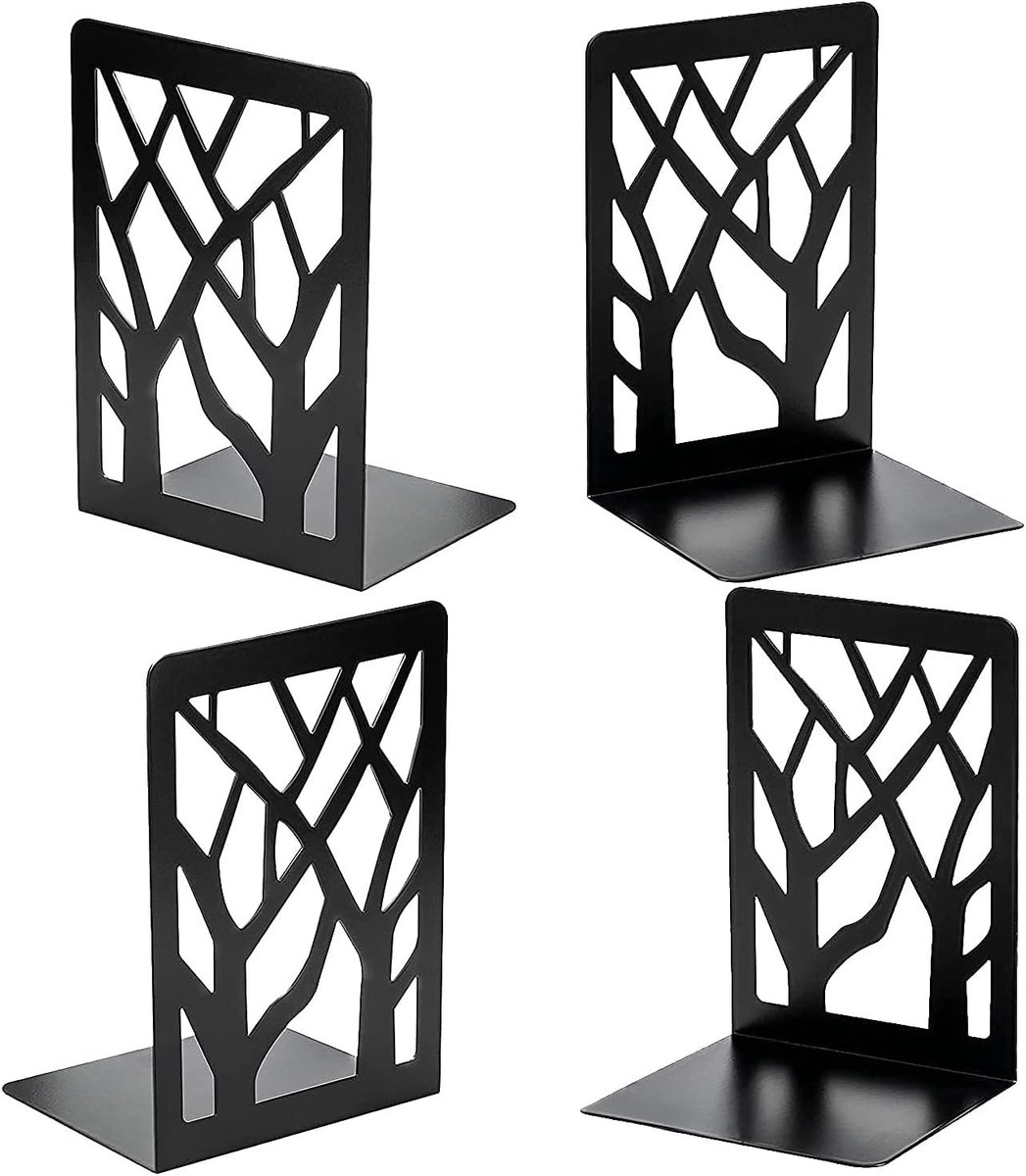 Stevige Boekensteunen voor Bureau en Plank, Decoratieve Boeksteunen van Metaal voor Thuis en Kantoor, Boekenhouder en Stoppers (Zwart, Set van 2)