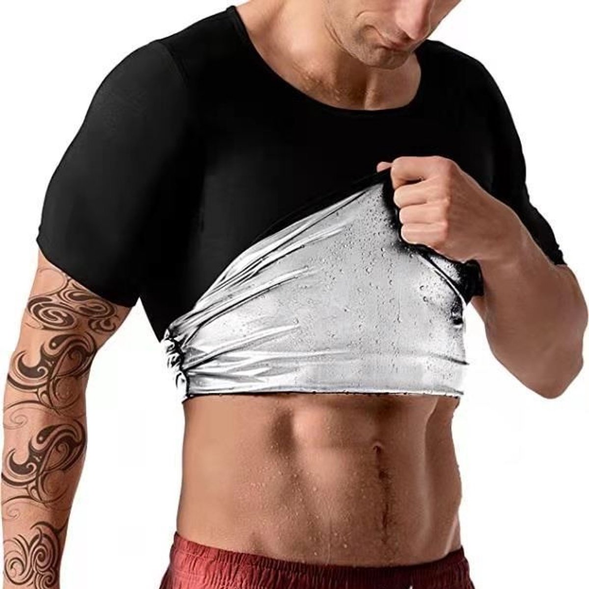 Heren zweetpak‑korte mouwen‑buikcontrole taillevormend sportkleding-Zwarte buitenkant, zilveren binnenkant, L/XL