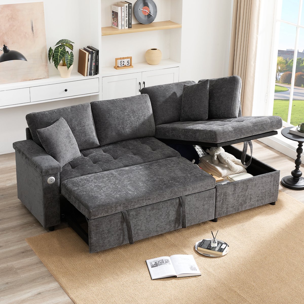 COVREO Hoekbank met slaapfunctie en opbergruimte – 209x130x84 cm – L-vorm met USB-aansluiting – voor 3 tot 4 personen – Donkergrijs