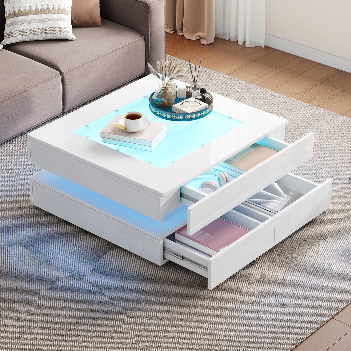 MODFU - Salontafel - 3 Lades - LED - Modern - Glas - Wit - 70 X 70 X 35 Cm