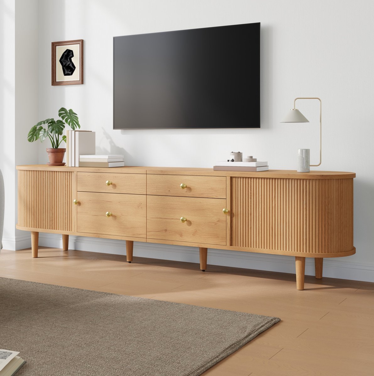 MODENUIT TV-Meubel - Schuifdeuren Met 4 Lades - Woonkamer - MDF En Spaanplaat - 180x35x50 Cm - Naturel