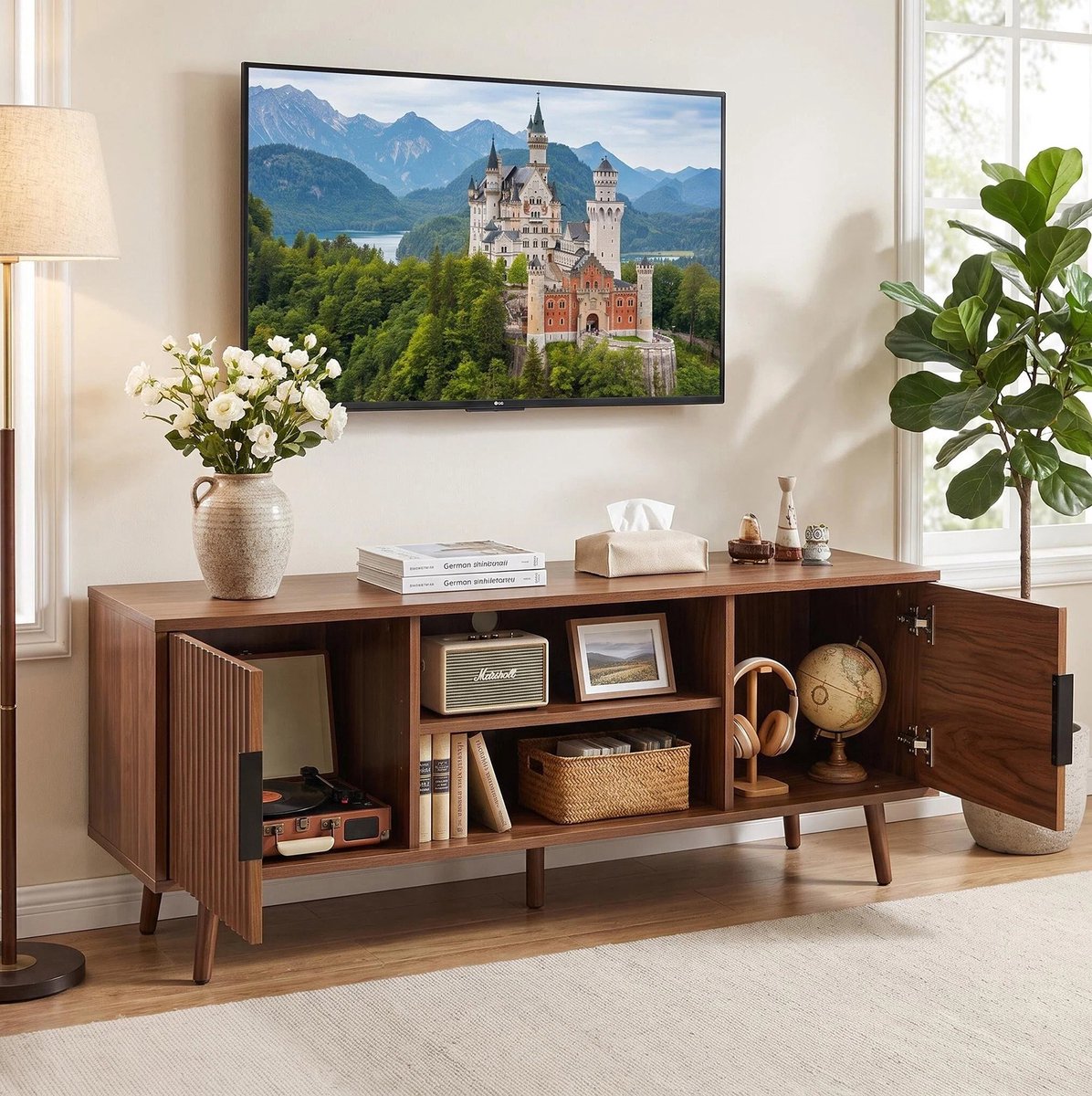 MODENUIT TV-meubel - Retro Design - Open Vak En 2 Deuren - Voor Woonkamer - MDF - Walnoot - 138 Cm