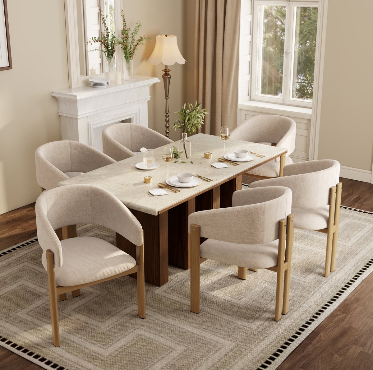 DESMIU Eetkamerstoel Set Van 6 - Met Armleuningen En Houtlook - Voor Eetkamer, Woonkamer En Café - Metaal En Stof - Beige