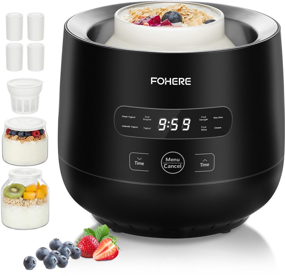 Yoghurtmaker multifunctioneel met 2 glazen bakken, 8 programma's, Griekse yoghurt functie, LED display en grote capaciteit