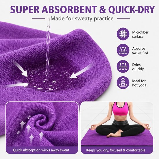 Antislip yogahanddoek - Yogamathoes - 183 x 63 cm - Antislip sportstof - Zacht en ademend - Met opbergtas van mesh - Geschikt voor fitness, strand, picknicks en yoga - Paars — afbeelding 2