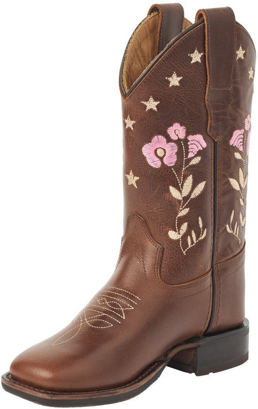 Bruine leren cowboylaars met roze bloemenborduursel, beige sterrenpatronen en decoratieve stiksels op de neus.
