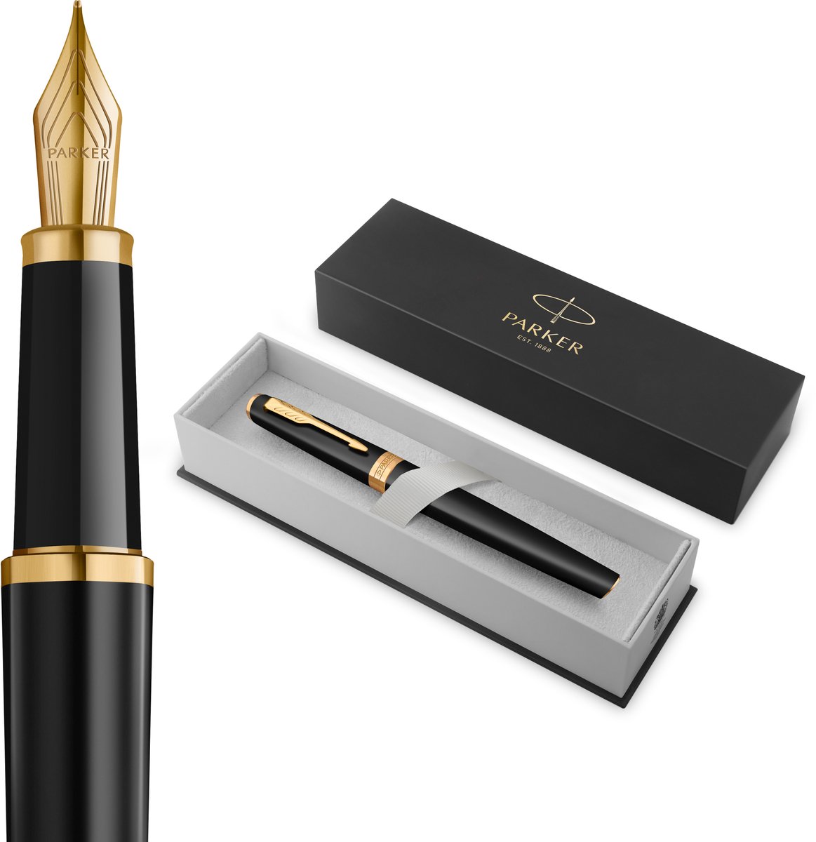Parker Meridian Vulpen | Matzwarte lak met gouden accenten | Middelgrote penpunt | Handschriftpennen & Schrijfwaren | Blauwe inkt | Luxe Cadeaudoos