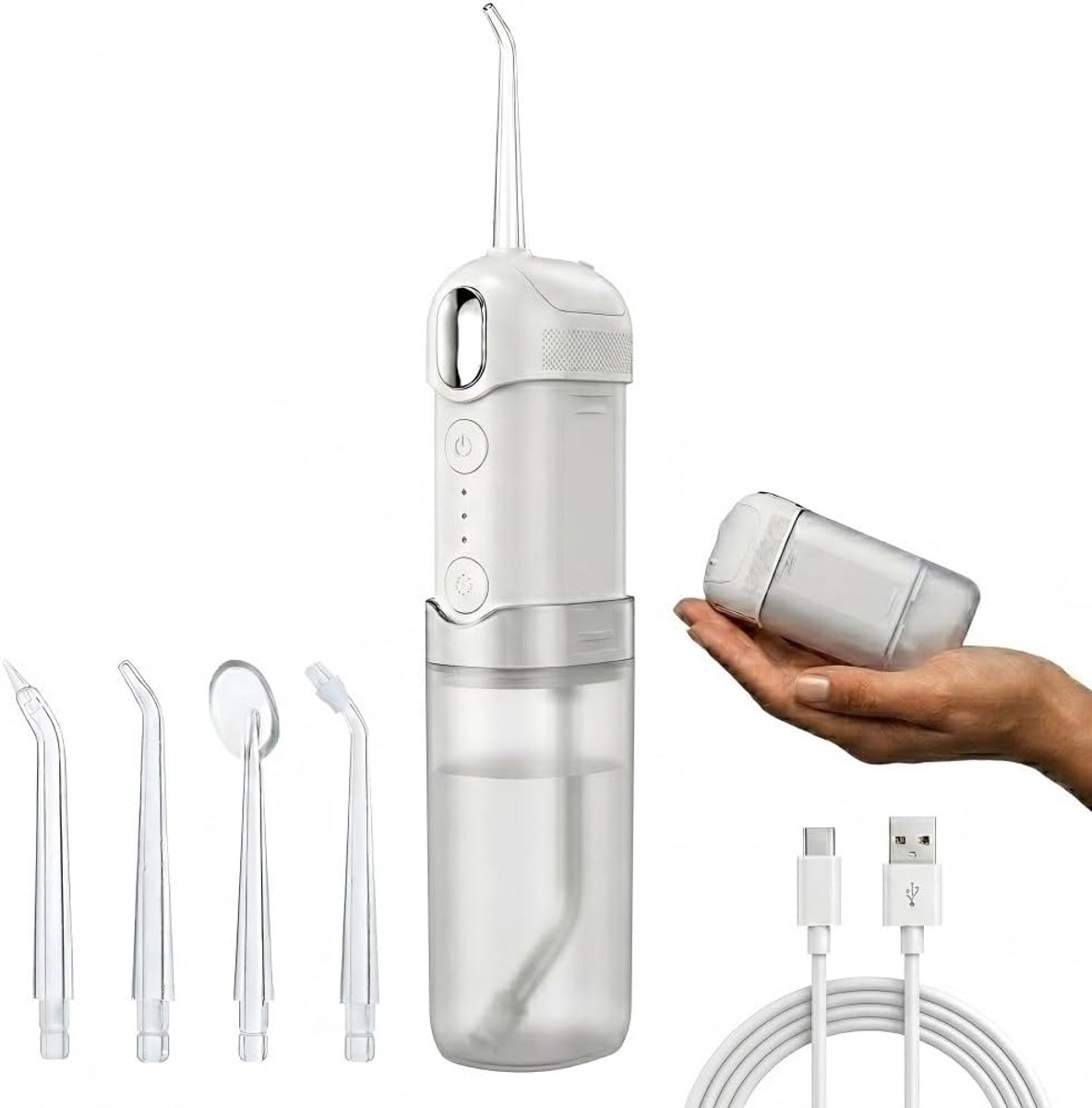 Waterflosser, Opvouwbare Draadloze Monddouche met 200 ml Uitschuifbaar Waterreservoir, 3 Zachte Reinigingsstanden, 4 Opzetstukken, tot 30 Dagen Batterijduur, IPX7 Waterbestendig, Compact voor Reizen, Thuis en Sportschool