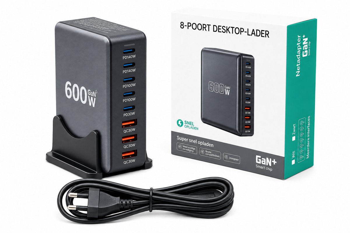 Casalora® 600W GaN Snellader EU Stekker – 8 Poorten USB-C & USB-A – PD Fast Charger – Desktop Oplader voor Laptop, MacBook, iPhone, Samsung